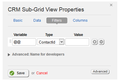 Sub Grid View Filters Properties